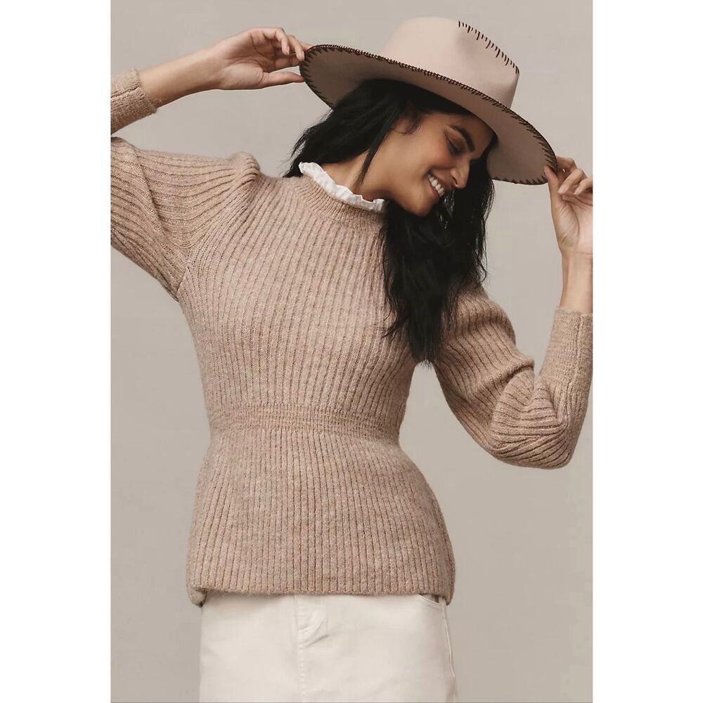 Anthropologie Lea & Viola Sweater Ruffle Neck Bell SleeveTan XS